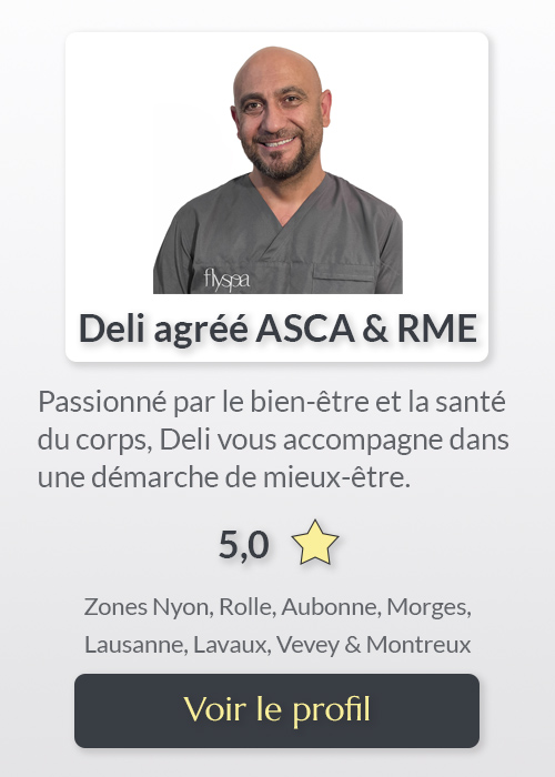Portrait de Deli, massothérapeute agréé ASCA et RME flyspa, actif à Nyon, Rolle, Aubonne, Morges, Lavaux, Vevey et Montreux